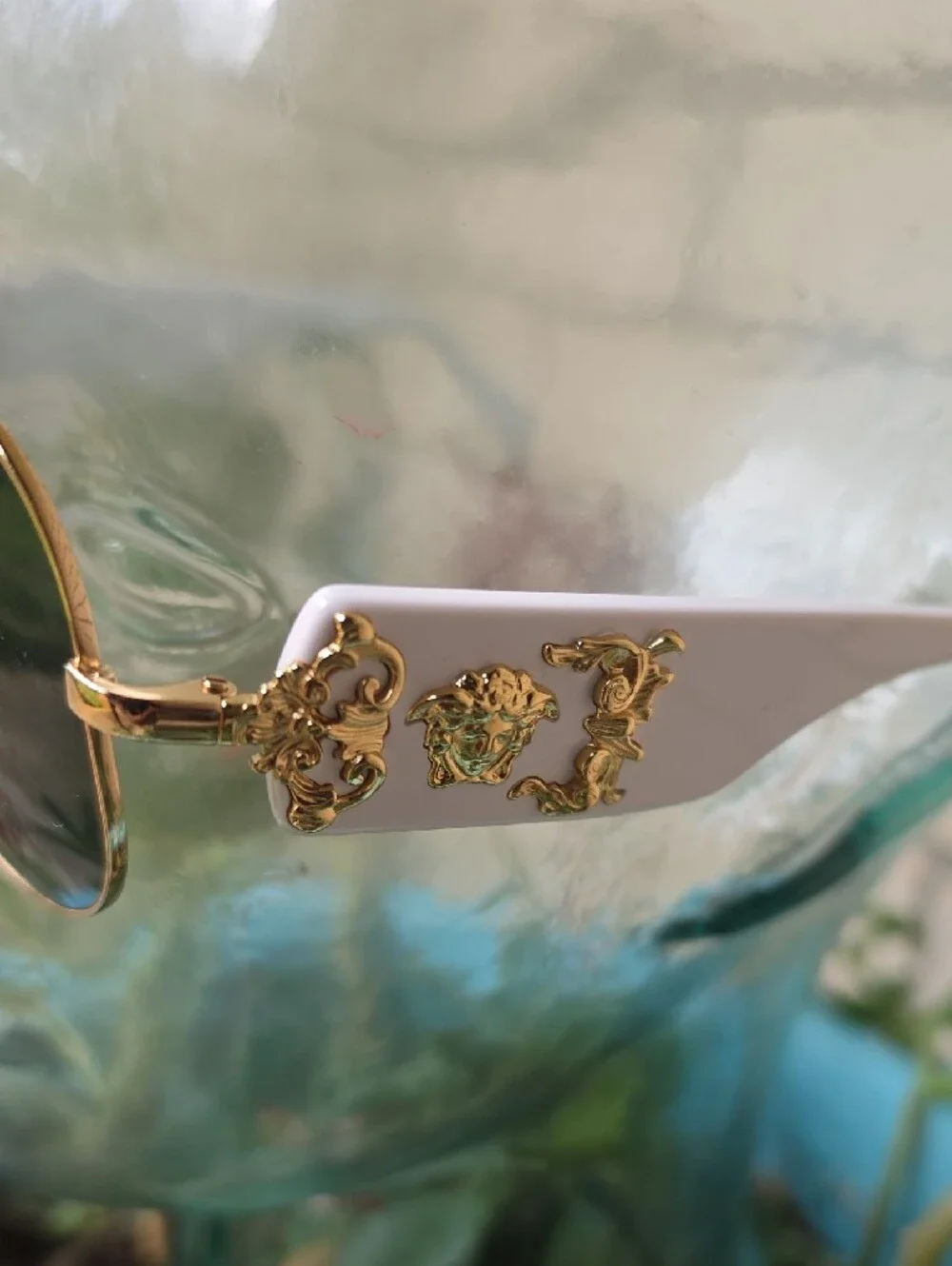 Versace Gold Frame Sunglasses with White Brow and Dark Lenses
